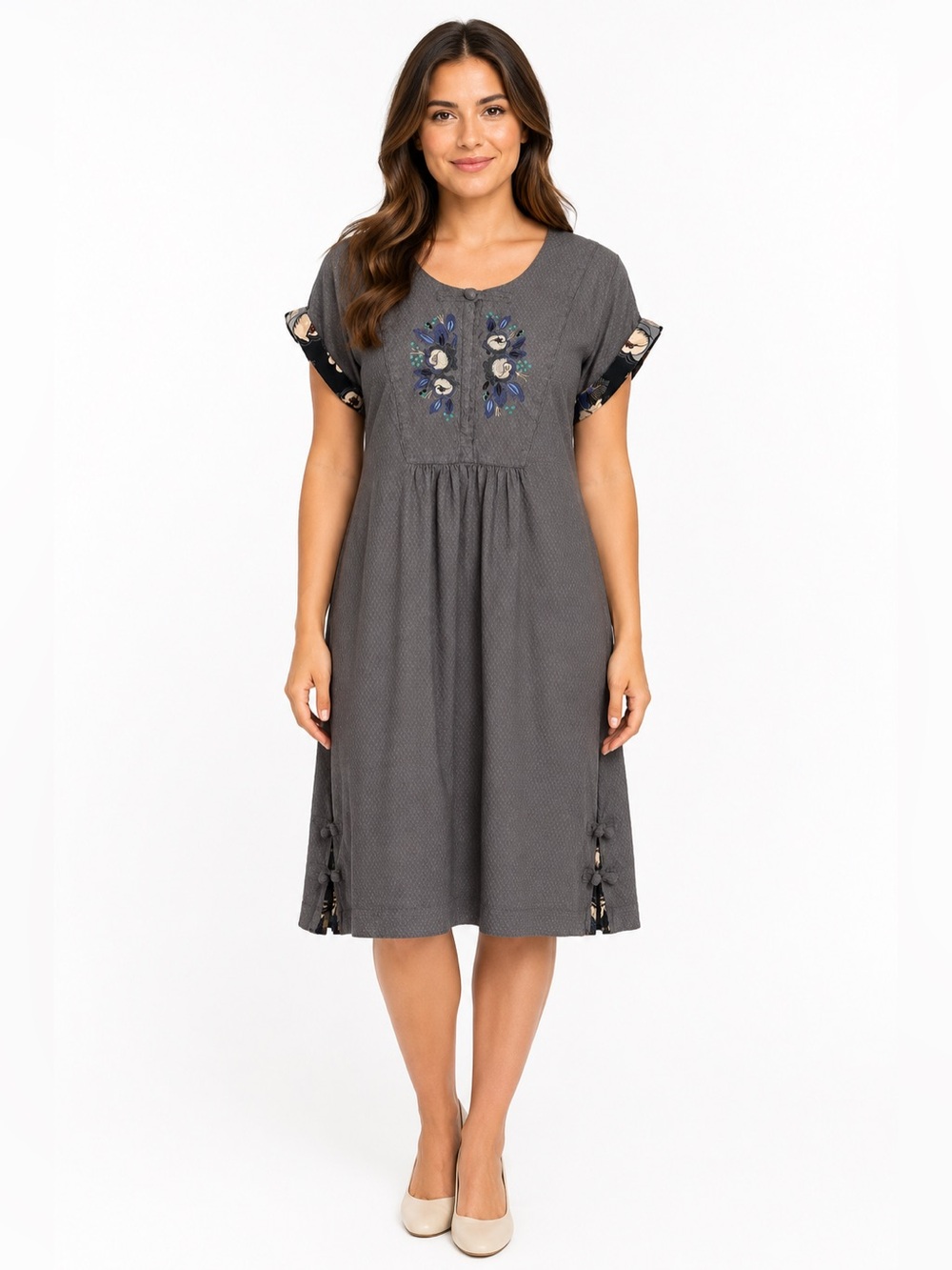 Gudrun Sjoden Gray Floral Embroidered Short Sleeve Dress Size Large